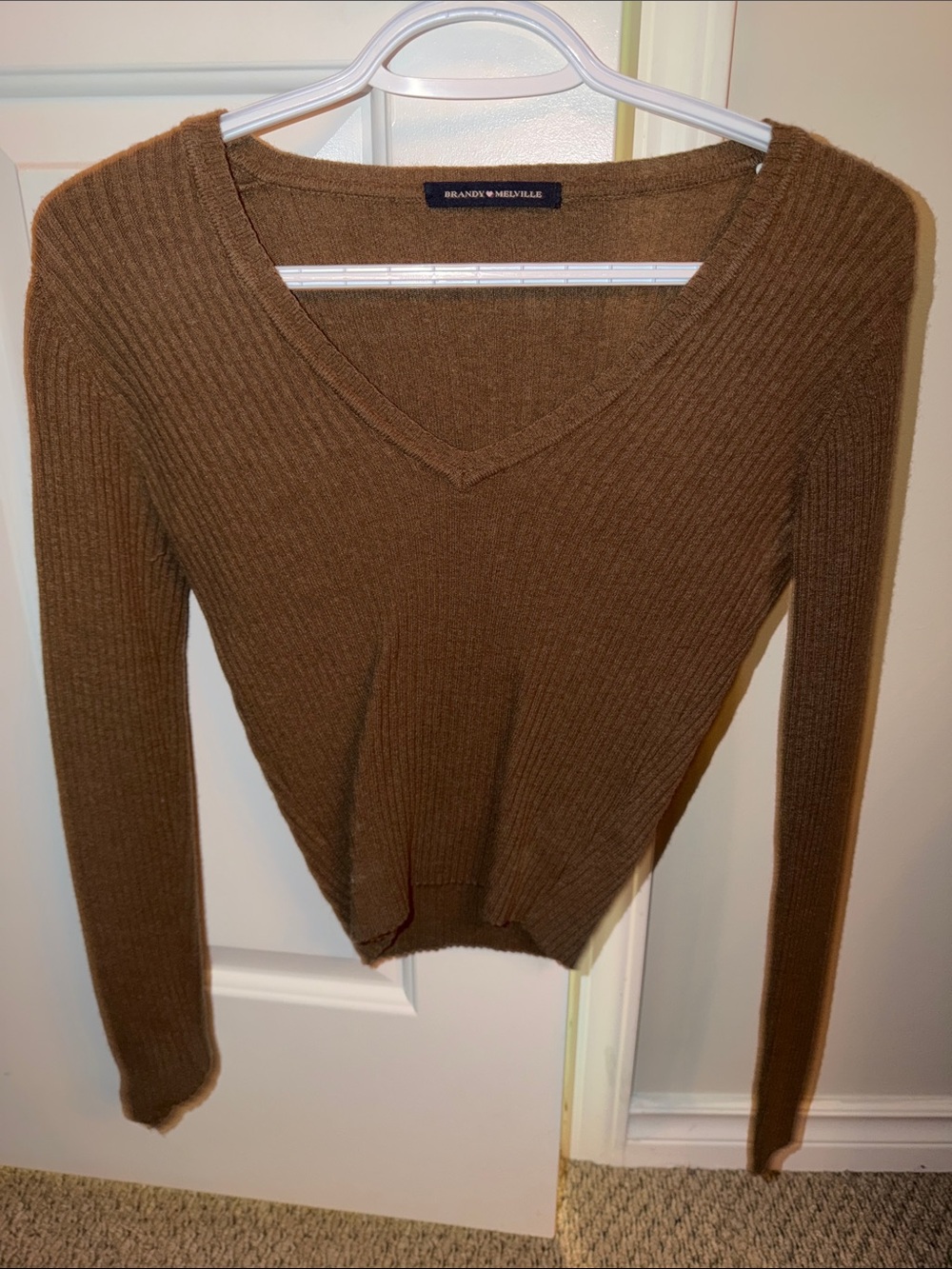 Brandy Melville Brown Ribbed V-Neck Sweater